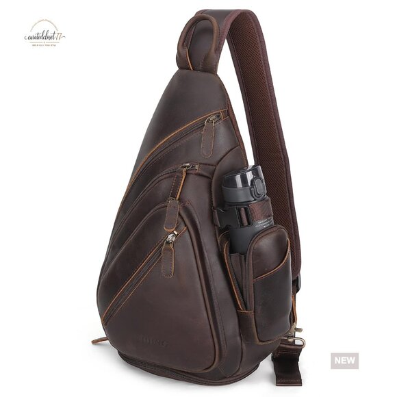 Full Grain Leather Sling Chest Bag Large Crossbody Daypack Fits 11